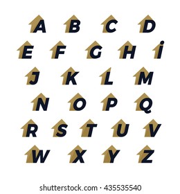 Alphabet letters set with House arrow design element. Real Estate Corporate branding identity design template on white background. ABC letters collection. Vector illustration