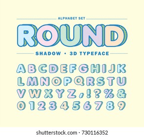 Alphabet letters set in pastel color. Round 3D fonts or typeface with striped shadow for headline or title design of poster, layout design, scrapbook or print.