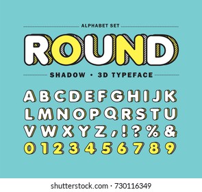 Alphabet letters set. Round typeface or fonts with striped shadow, for headline or title design of poster, layout design, scrapbook or print.