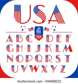 Alphabet letters set in USA style with American flag. Happy 4th of July. Independence Day Vector Design.
