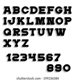 Alphabet letters with shadow and numbers. Vector set 