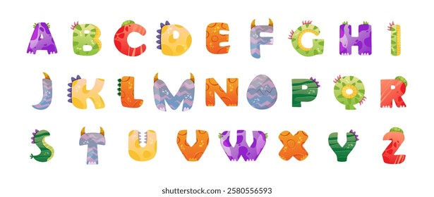 Alphabet letters in shape of dinosaur with spikes and tails. Vector isolated creative typographics with dino elements. Prehistoric creatures and animals from Jurassic period, abc characters