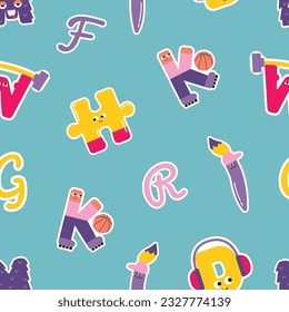 Alphabet letters slogan sports exercise basketball varsity print seamless pattern graphic vector artwork