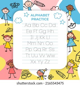 Alphabet letters tracing sheet with all letters of the alphabet. Kids worksheet with alphabet letters. Basic writing practice for kindergarten children  vector illustration learning svg