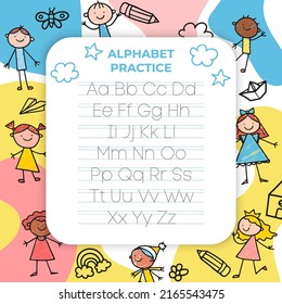 Alphabet letters tracing sheet with all letters of the alphabet. Kids worksheet with alphabet letters. Basic writing practice for kindergarten children  vector illustration learning