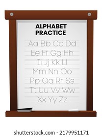 Alphabet letters tracing sheet with all letters of the alphabet. On the school board Kids worksheet with alphabet letters. Basic writing practice for kindergarten children vector illustration learning