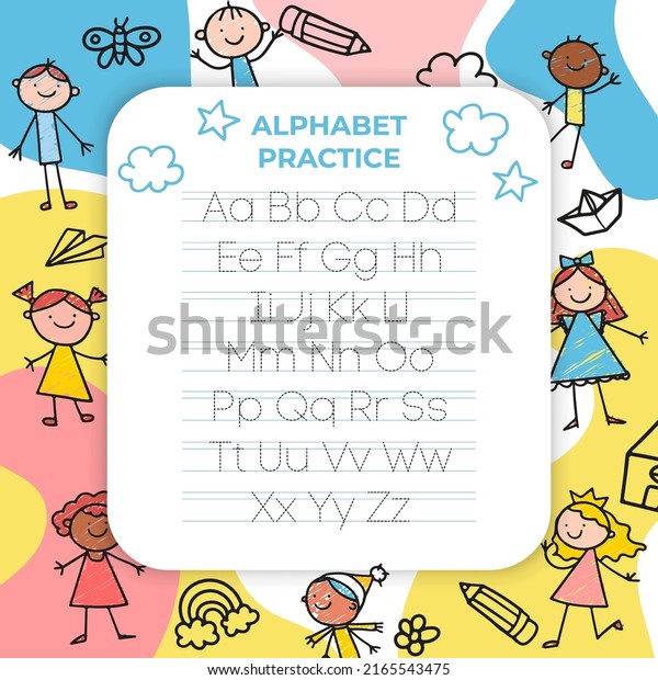 Alphabet letters tracing sheet with all letters\
of the alphabet. Kids worksheet with alphabet letters. Basic\
writing practice for kindergarten children  vector illustration\
learning