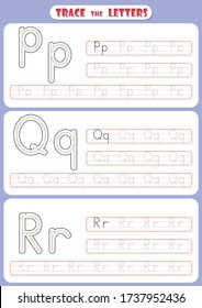 Alphabet letters Tracing Worksheet. ABC Activities and Exercises for kids. fun printable pages, educational game for kids, A4 paper ready to print vector illustration,