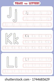 Alphabet letters Tracing Worksheet. ABC Activities and Exercises for kids. fun printable pages, educational game for kids, A4 paper ready to print vector illustration,