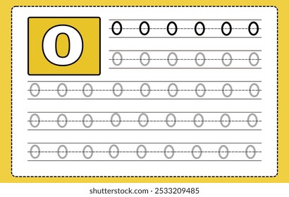 Alphabet letters tracing worksheet with all alphabet letter O. Basic writing practice for kindergarten kids