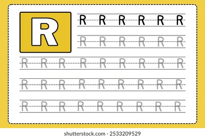 Planilha de rastreamento de letras do alfabeto com todas as letras do alfabeto R. Prática de escrita básica para crianças do jardim de infância