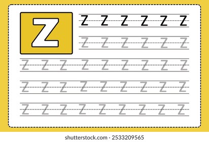 Alphabet letters tracing worksheet with all alphabet letter Z. Basic writing practice for kindergarten kids