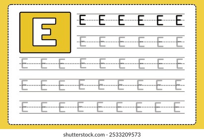 Alphabet letters tracing worksheet with all alphabet letter E. Basic writing practice for kindergarten kids