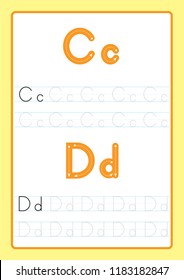 Alphabet letters tracing worksheet with alphabet letters. Basic writing practice for kindergarten kids A4 paper ready to print vector illustration
