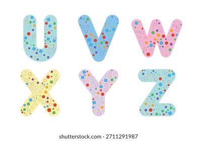 Alphabet letters u v w x y z with colorful confetti isolated on white background