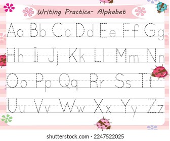 Alphabet letters, uppercase and lowercase. ABC alphabet trace practice worksheet for kids learning English handwriting