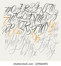 Alphabet letters: uppercase, lowercase, numbers. Elegant writing. Vector alphabet. Hand drawn letters. Letters of the alphabet written with a brush