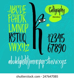 Alphabet letters: uppercase, lowercase, numbers. Vector alphabet. Hand drawn letters written with a paint brush.