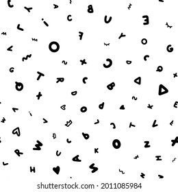 Alphabet Letters Vector Seamless Pattern Memphis Geometric Style Elements For Child Study  Cute Handdrawn Random  Order Signs Monochrome Black And White Background For Fabric Textile Wrapping.