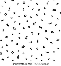 Alphabet letters vector seamless pattern Memphis geometric style elements for child study  Cute Handdrawn random  order signs Monochrome black and white background for fabric textile wrapping.