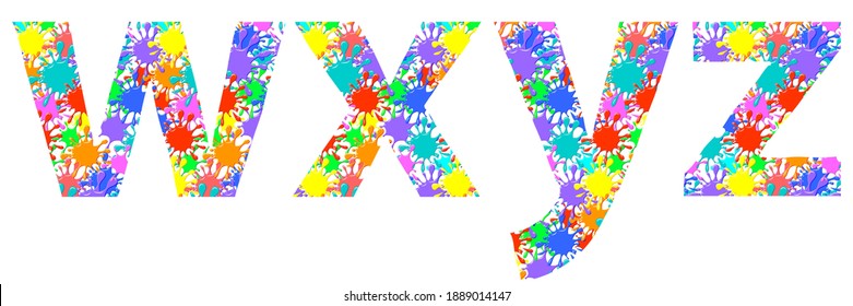 Alphabet, Letters w x y z with  pattern of colorful  ink blots, abstract color splash, Colored Spray, isolated on white background, vector illustration