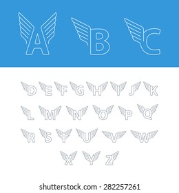 Alphabet letters with wings. Linear design logos. For any transportation services and sports areas