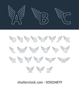 Letras alfabetas con alas. Conjunto de cartas vectoriales de diseño lineal para el deporte, el transporte y otros servicios rápidos