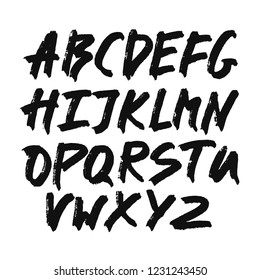 Alphabet letters.Black handwritten font drawn with liquid ink and brush.Calligraphic script