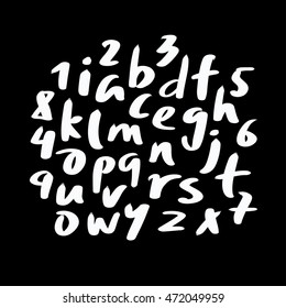 Alphabet letters.White handwritten font drawn with liquid ink and brush.Calligraphic script