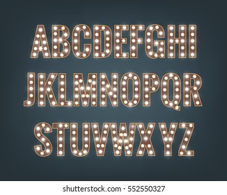 Alphabet with light bulbs. Glowing font with shiny bright lights. Letters with shiny lamps.