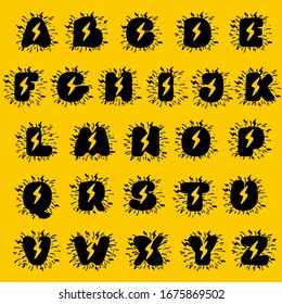 Alphabet with lightning negative space. Hand drawn monochrome vintage style. Perfect type for energy labels, superhero print, rock music posters etc.