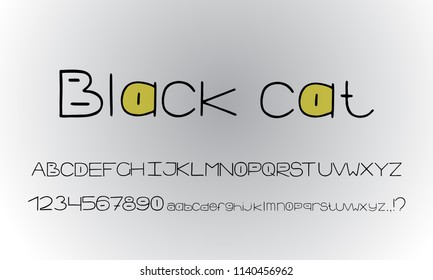 Alphabet linear design. Black cat eyes style. Letters, numbers, punctuation marks. Font vector typography. Hand drawn. EPS10