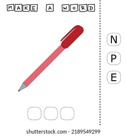 Alphabet logic for preschool kid.  Collect the word pen from scattered letters