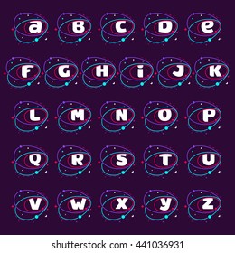 Alphabet logo in space orbits, stars and and planets. Colorful vector design for app icon, corporate identity, card, labels or posters.