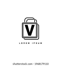 alphabet logo template black and white combined with shopping bag icon for branding identity initial letter V