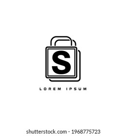 alphabet logo template black and white combined with shopping bag icon for branding identity initial letter S