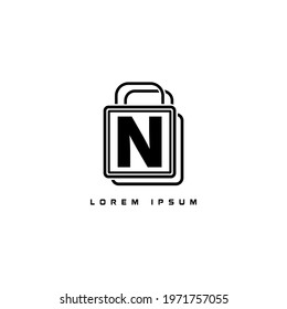 alphabet logo template black and white combined with shopping bag icon for branding identity initial letter N