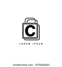 alphabet logo template black and white combined with shopping bag icon for branding identity initial letter C