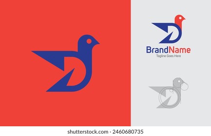 Logotipo del alfabeto usando la letra D y el icono de paloma