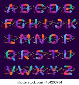 Alphabet logos with atoms orbits lines. Bright vector design for science, biology, physics, chemistry company.