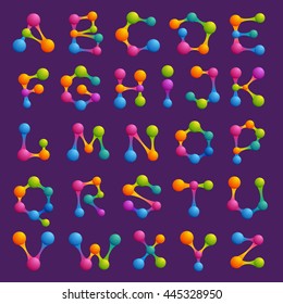 Alphabet logos with colorful spheres or dots and lines. Colorful vector design for banner, presentation, web page, app icon, card, labels or posters.