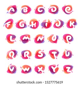 Alphabet logos at colorful watercolor splash background. Vector elements for posters, t-shirts and cards. 