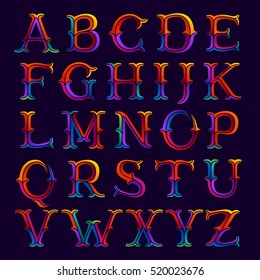 Alphabet logos in elegant multicolor faceted style. Vintage vector typeface for labels, headlines, posters, cards etc.