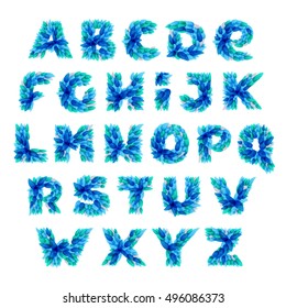 Alphabet logos formed by blue water splashes. Droplet pattern. Vector ecology elements for posters, t-shirts and cards.