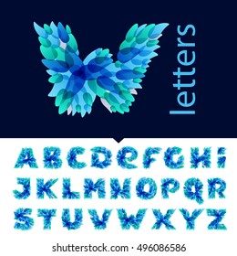 Alphabet logos formed by blue water splashes. Droplet pattern. Vector ecology elements for posters, t-shirts and cards.