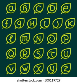 Alphabet logos in green leaves. Line style icon. Vector ecology elements for posters, t-shirts and cards.