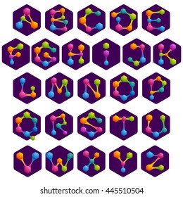 Alphabet logos with Hexagon and lines. Bright color vector design for your science, biology, physics, chemistry company. Icon for banner, presentation, web page, app icon, card, labels or posters.