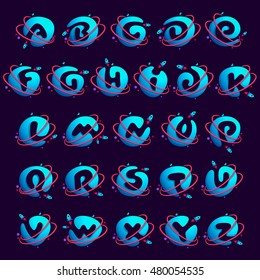 Alphabet logos with planet, rocket and orbits lines. Bright vector design for science, biology, physics, chemistry company.