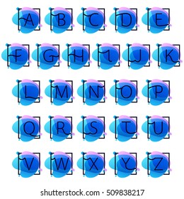 Alphabet logos in square frame at blue watercolor splash background. Vector ecology typography for your posters, invitations, cards. 