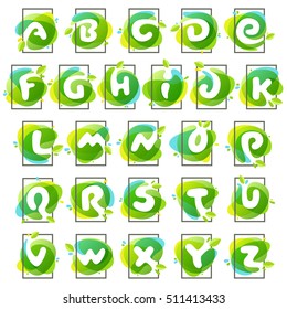 Alphabet logos in square frame at green watercolor splash background. Vector ecology typography for your posters, invitations, cards. 